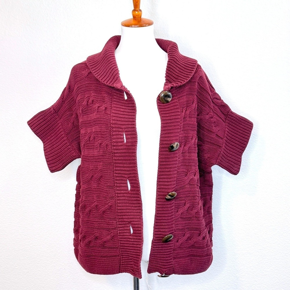TALBOTS Sweater Vest Short Sleeve Cardigan 2X Dk Red Cotton Cable Knit Burgundy